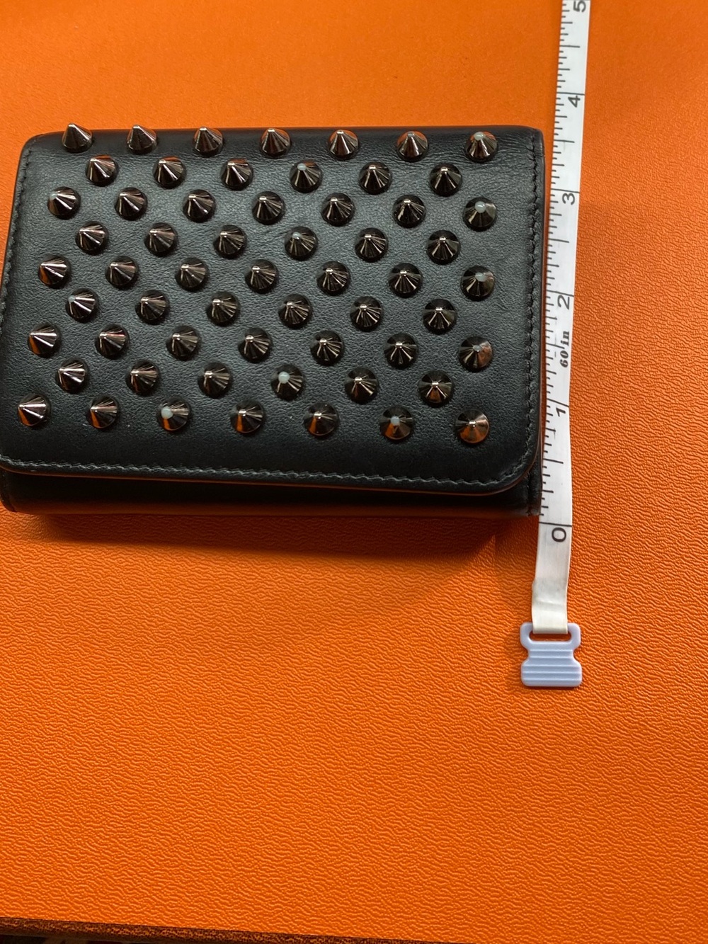 Christian Louboutin Black Leather Studded Compact Wallet with Red Zip Accent - Picture 15 of 16